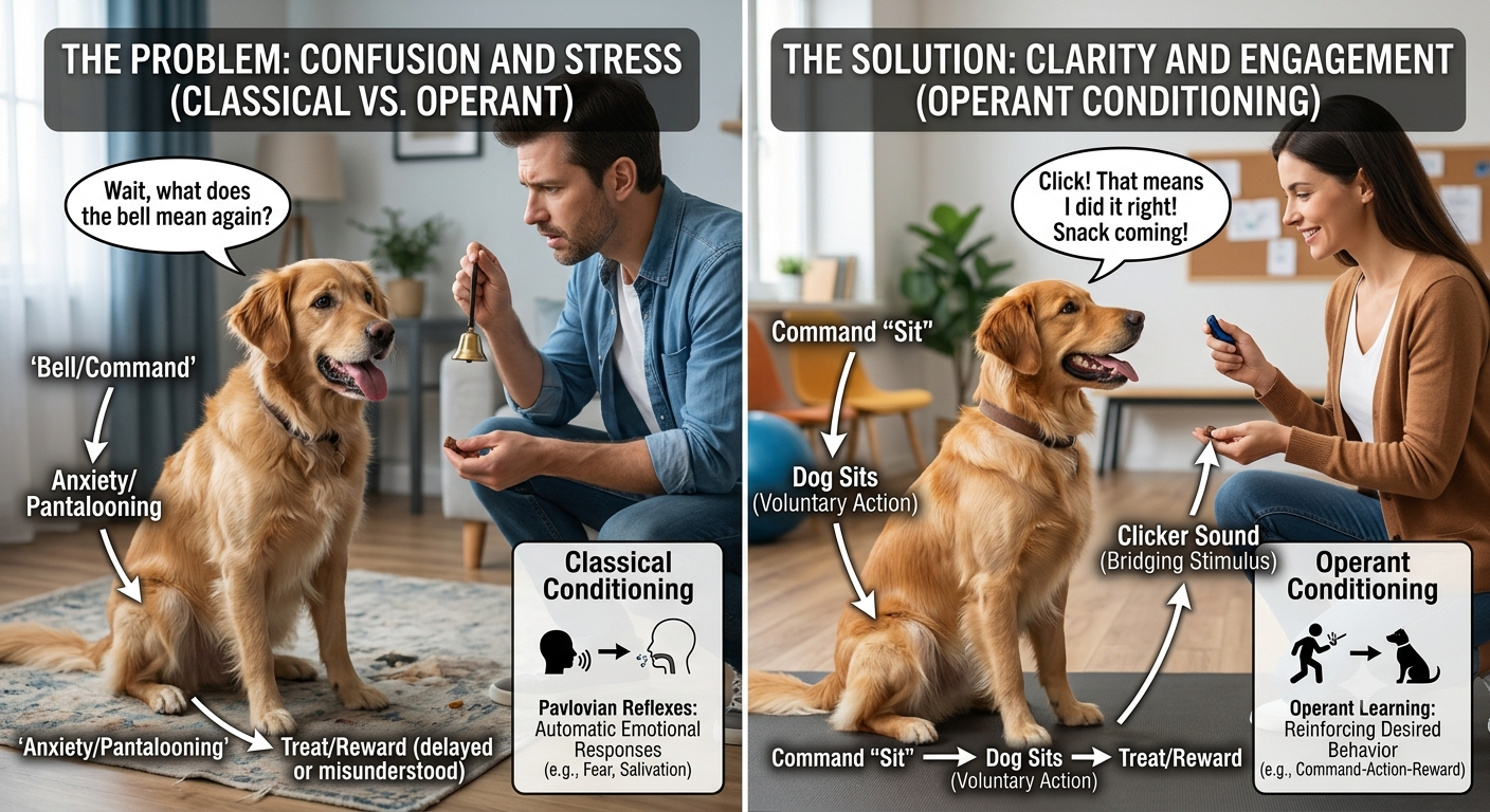 Diagram showing classical vs operant conditioning in dog training