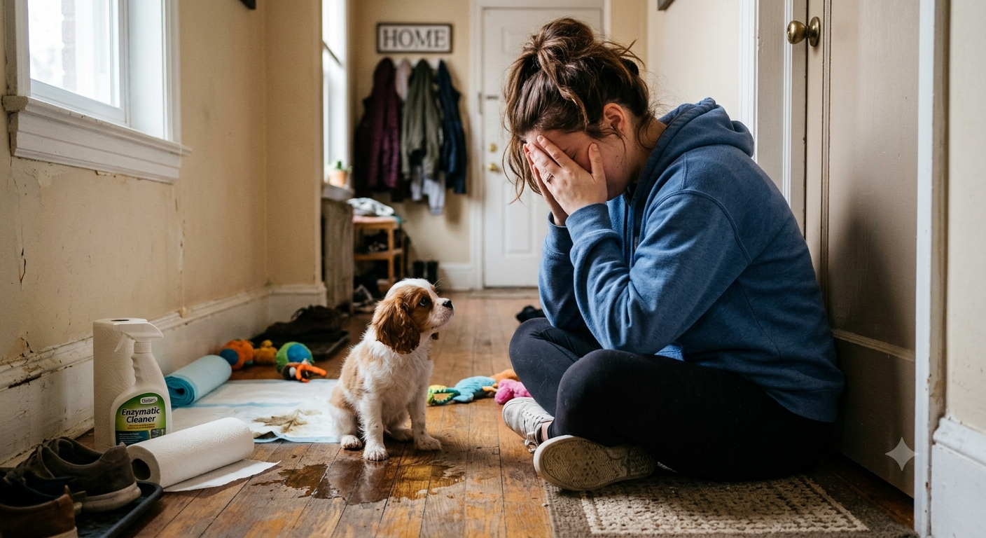 Small dog sitting next to a potty training pad indoors