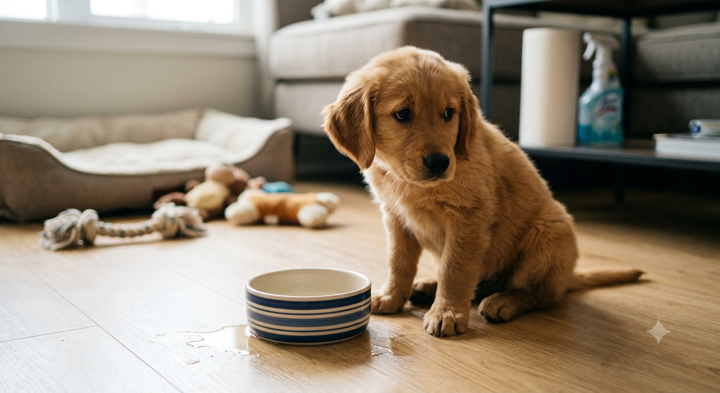 Puppy drinking water from a bowl during potty training period