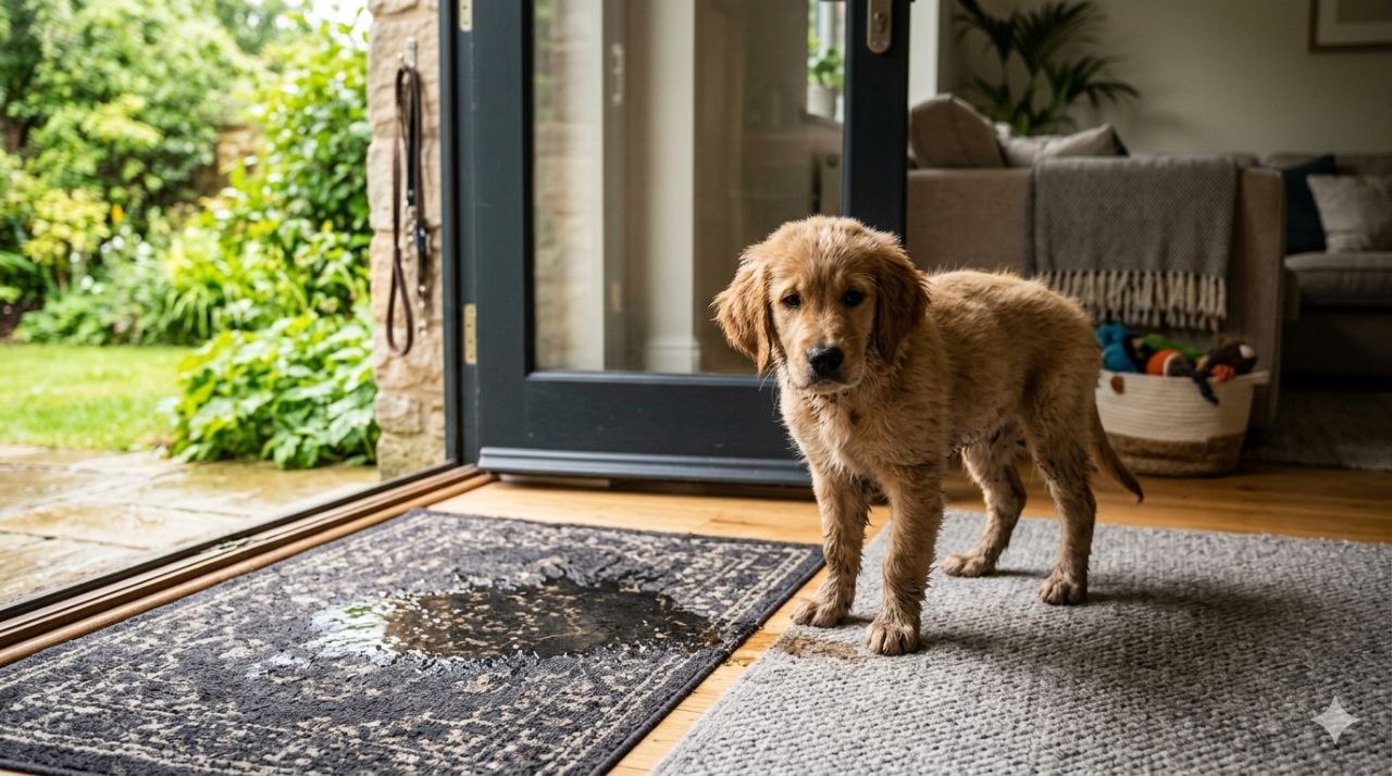 Wet golden retriever puppy standing on an indoor rug next to a puddle, just after coming inside from outside