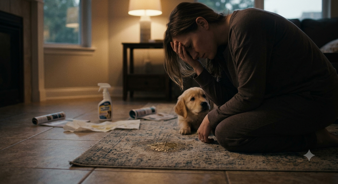 Puppy sitting next to indoor accident on floor while owner cleans up
