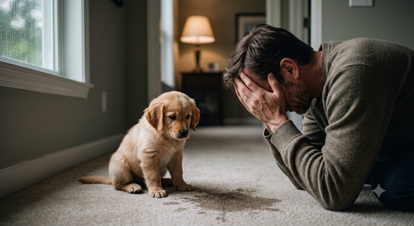 New puppy arriving home for the first time with excited family