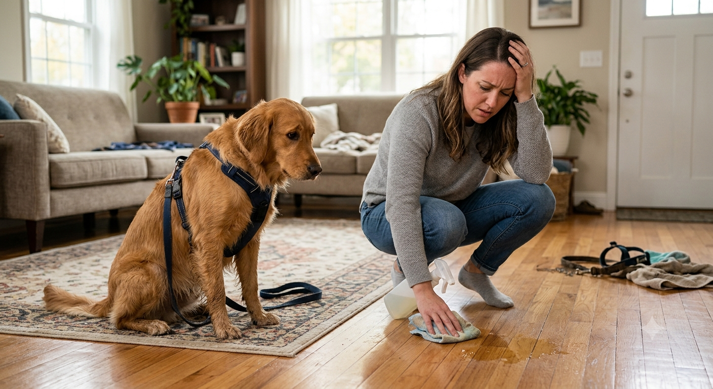 Dog coming inside from a walk and immediately peeing on the floor