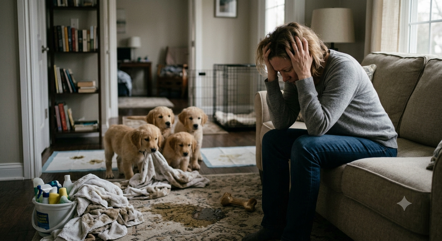 Puppy having indoor accident while owner is distracted — the problem crate training solves