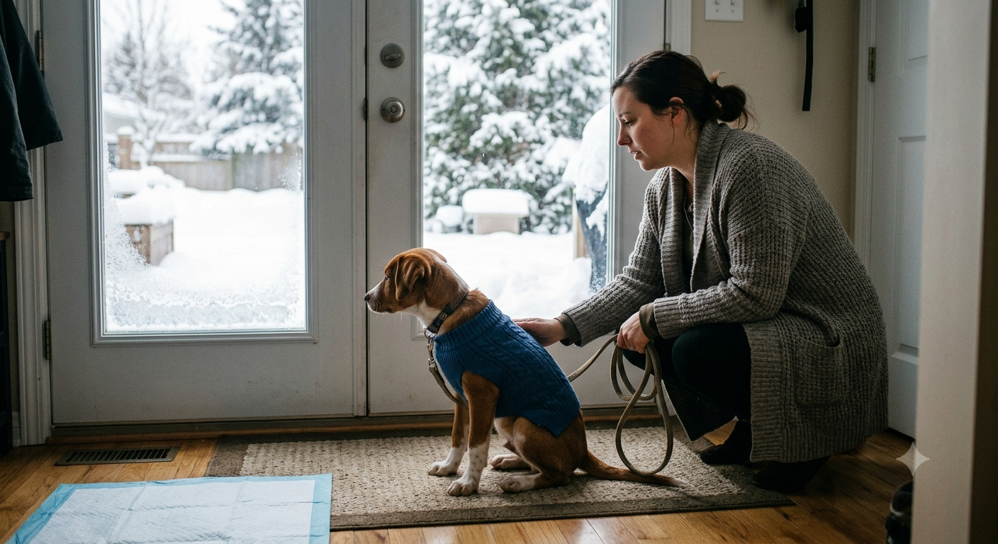 Small dog wearing a winter coat going outside for potty training in cold weather