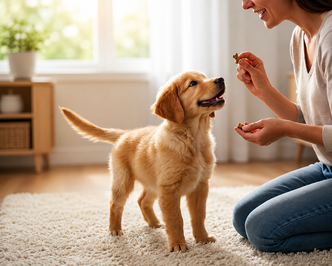 Dog owner calmly rewarding puppy with treat after successful outdoor potty trip