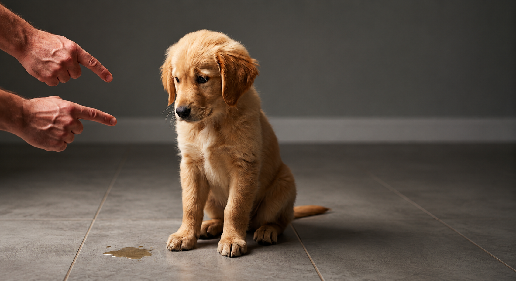 Frustrated dog owner pointing at indoor accident while puppy cowers on floor