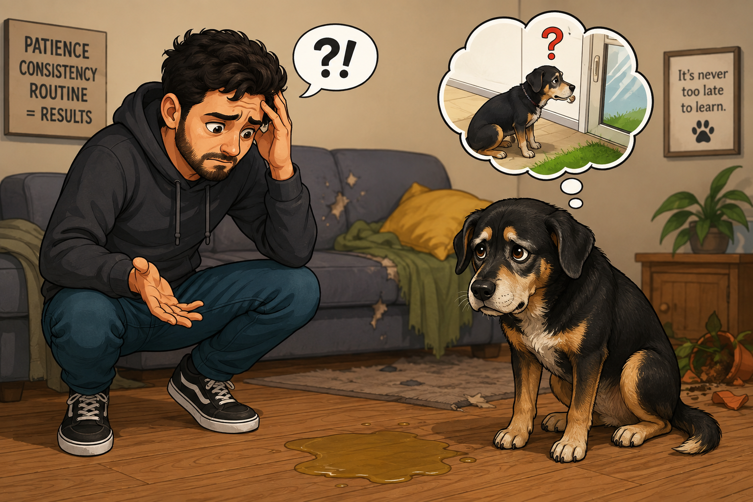 Older senior dog learning potty training habits at home in 2026